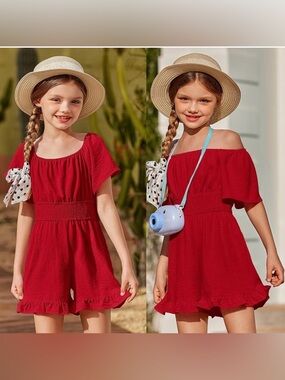 Girls' Red Smocked Waist Off-Shoulder One-Piece Bodysuit Romper